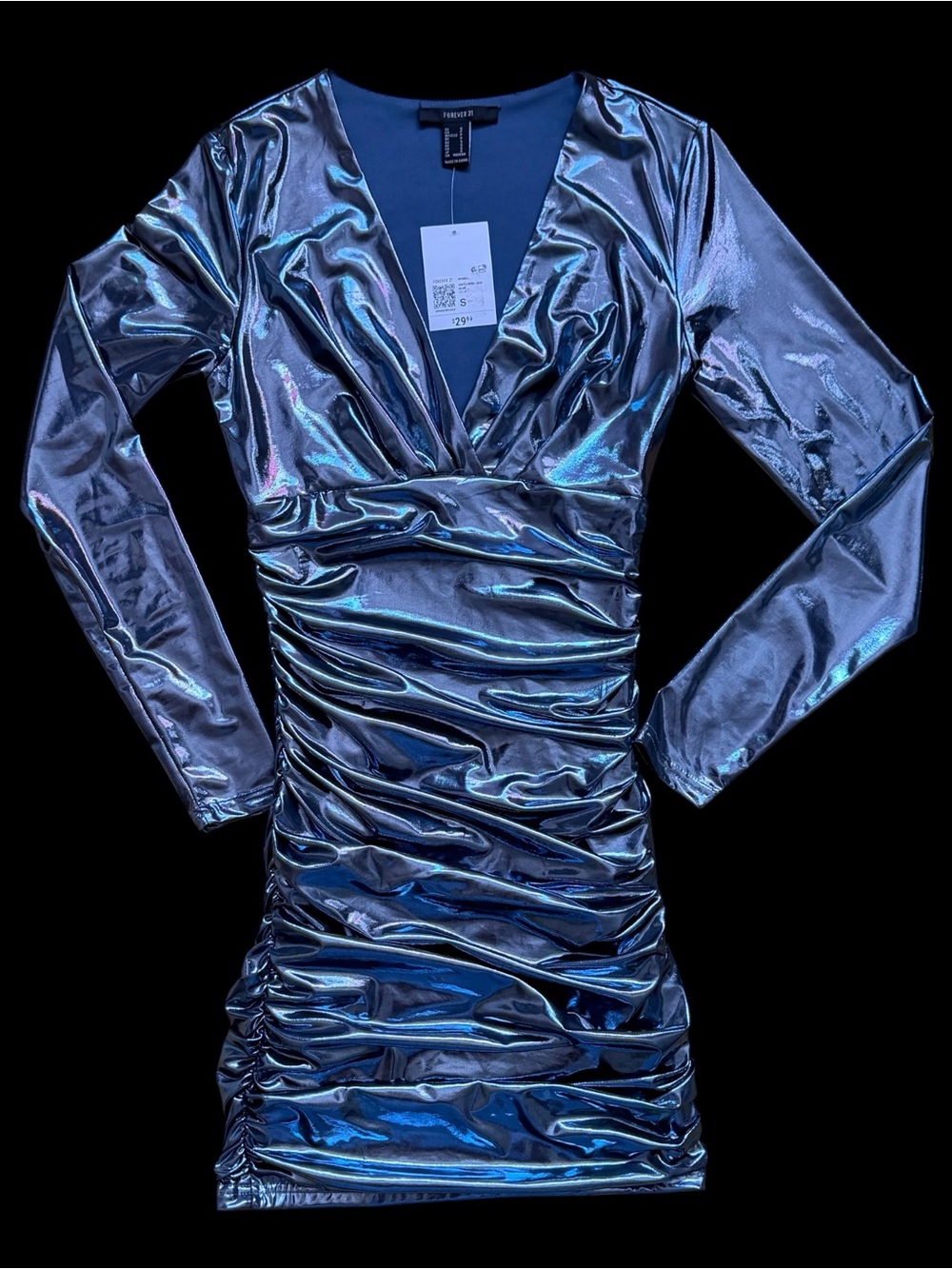 NWT Forever 21 Metallic Blue Ruched V-Neck Mini Dress - Size S (Y2K Style)